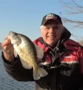 Using a 'slow runner' technique with a mayfly colored Trout and Panfish Road Runner and Power Bait Crappie Nibble, helped catch this nice crappie, which was one of several on this day found suspended on the deep side of a submerged brush pile.