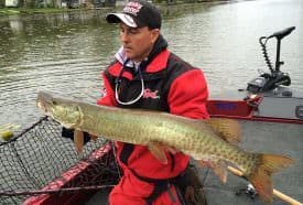 Jim Saric with an early season muskie taken from the warmest water available.