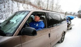 Dave Genz pulling out in his van for a day of ice fishing