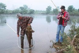 A photograph of the two guys netting a monster flathead.