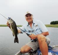 To try something different, Dan Galusha rigged a Money Maker worm on a Blitz Spyder Finesse jig, and jigged it off the deeper edges of submerged shallower weed islands.