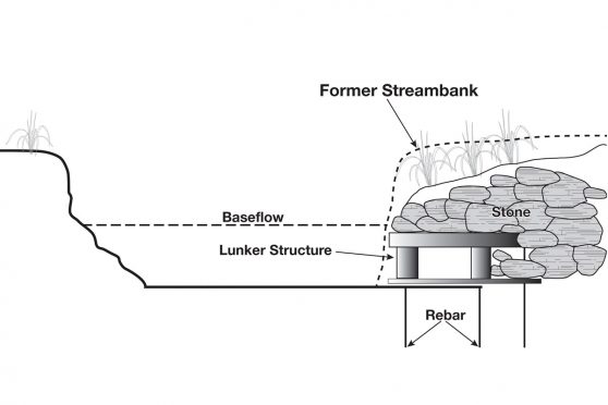 Diagram of a "lunker" stream restoration scheme with an undercut bank covered in rock and anchored by rebar.