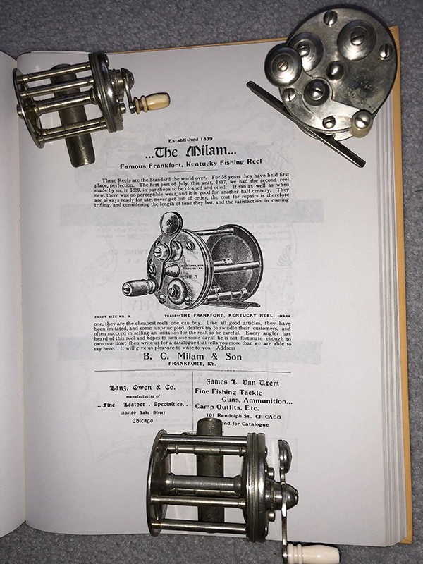 Number 1, 2, and 3 Milam reels lie on an early ad for its reels from two Chicago merchants in 1897.