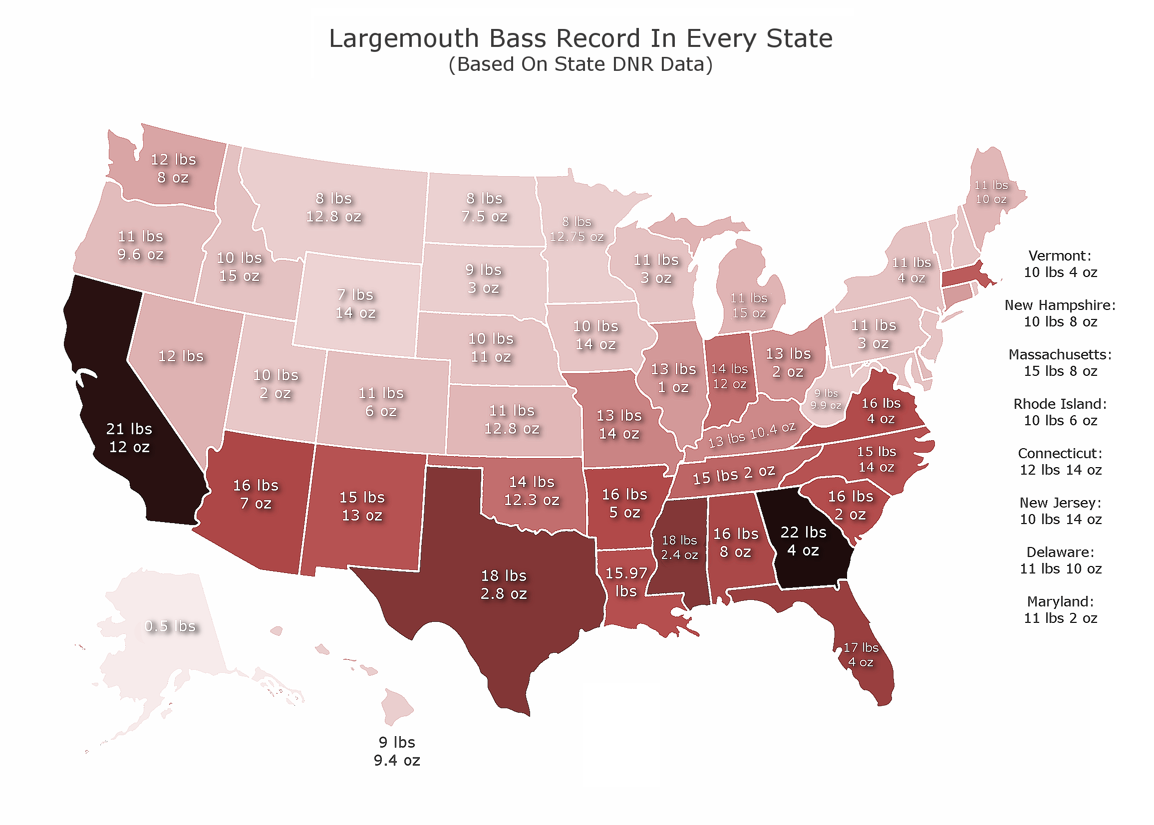 Map of Largemouth Bass Records by State : MidWest Outdoors
